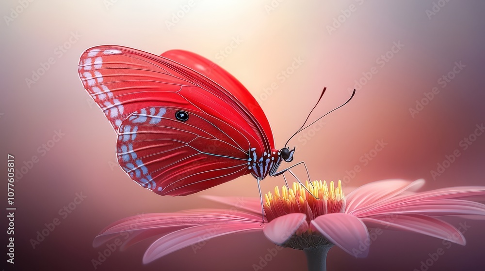 Poster close-up of a red butterfly with delicate patterns on wings, resting gracefully on a flower in soft 