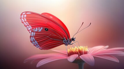 Close-up of a red butterfly with delicate patterns on wings, resting gracefully on a flower in soft sunlight.
