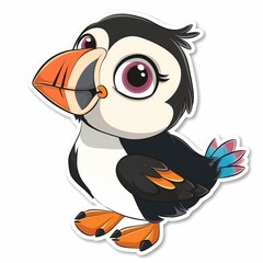 Colorful Cartoon Puffin Sticker Illustration with Vibrant Feathers and on White Background