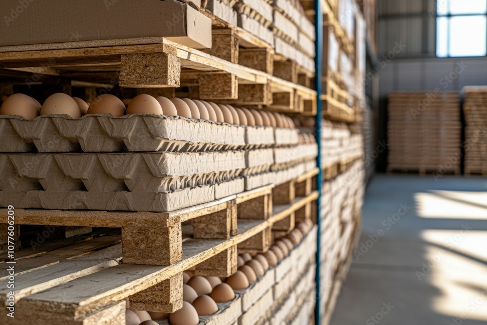 Poster a stack of cardboard boxes with eggs inside