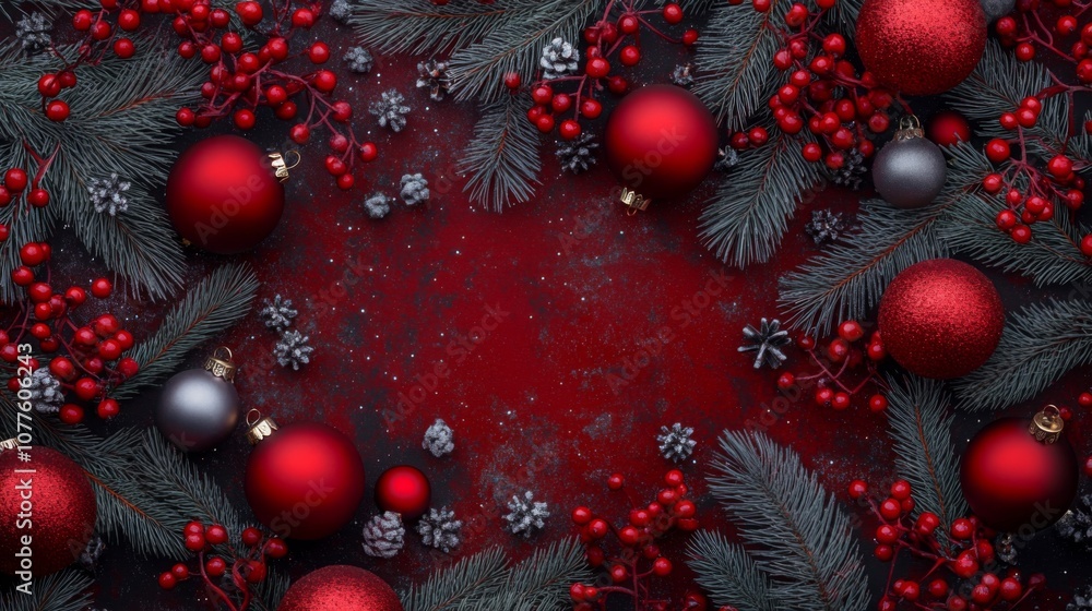 Poster a vibrant display of holiday decorations features red ornaments and pine branches arranged beautiful