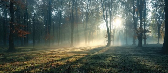 Obraz premium Sunbeams Through a Misty Forest