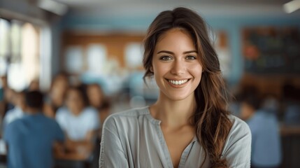Portrait of Smiling Female Teacher in Classroom with Students
