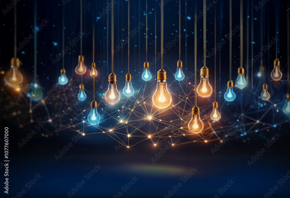 Poster a network of glowing light bulbs connected by strings and lines, symbolizing a web of interconnected