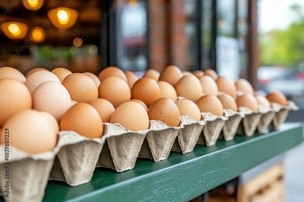 Poster a large number of eggs are displayed in cartons on a green table