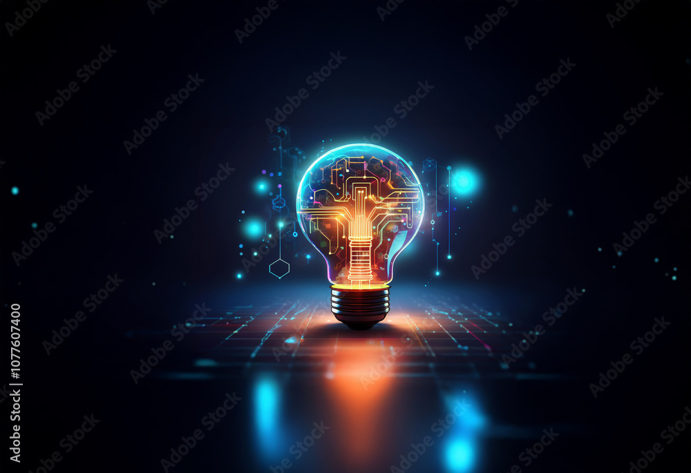 Poster a glowing lightbulb with intricate circuit board patterns inside, symbolizing innovation and technol