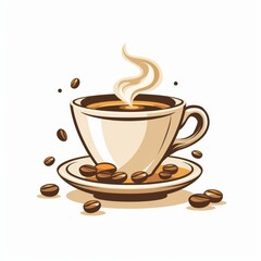 Coffee cup with smoke and beans, cappuccino, hot drink, espresso, beverage, mug, breakfast, morning, caffeine, flat design, icon, vector illustration, mocha, latte, cafe, menu, fresh coffee