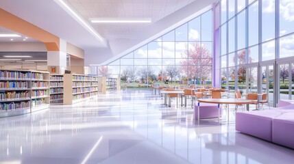 Fototapeta premium A bright, organized high school library with modern bookshelves filled with books, open spaces, and tables arranged for quiet study.
