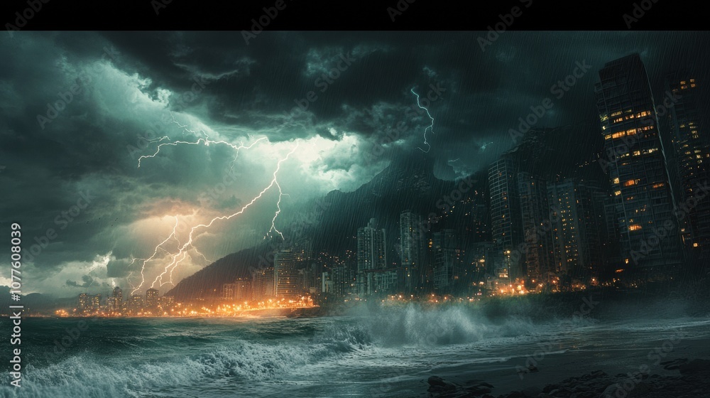Aufkleber dark clouds gather over the coastal city, with lightning striking and waves crashing against the sho