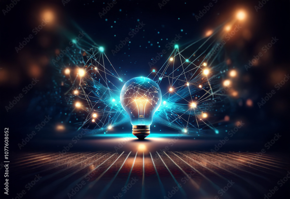 Poster a glowing lightbulb with a web of intricate patterns, symbolizing innovation and interconnected idea