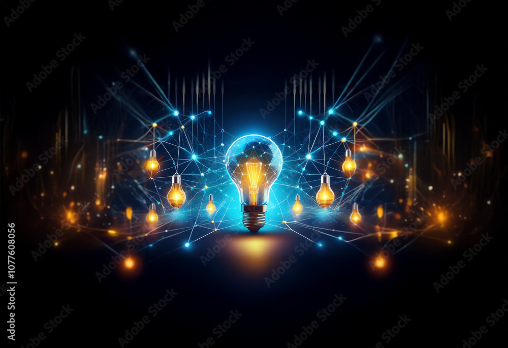 Poster a glowing lightbulb with a blue and white globe inside surrounded by hanging lightbulbs, all connect