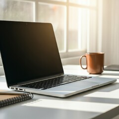 Fototapeta premium Modern workspace with a laptop, coffee, and notebook on a clean desk