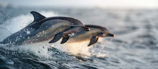 Obraz premium Two Dolphins Leaping Through a Wave at Sunset