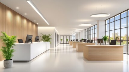 Fototapeta premium Spacious office interior featuring open desks, modern lighting fixtures, and clean architectural lines.