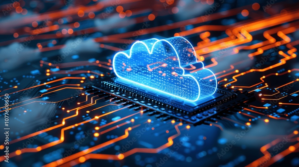 Poster cloud computing concept with blue glowing clouds on circuit board background - seamless big data tra
