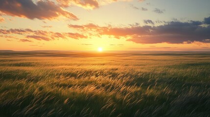 A serene sunset over a vast, open prairie with wild grasses swaying.