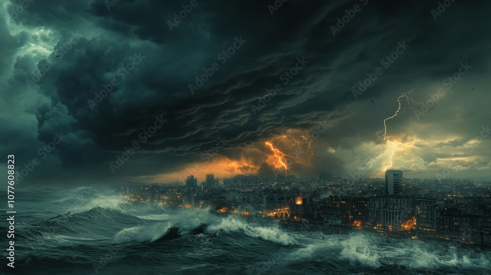 Aufkleber the coastal city is enveloped in dark storm clouds, with lightning illuminating the skyline and turb