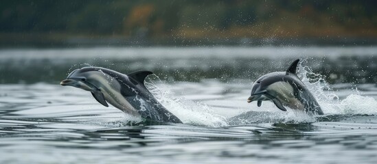 Obraz premium Two Dolphins Leaping Through Water with Spray