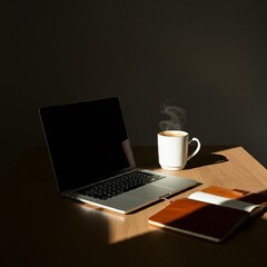 Fototapeta premium Modern workspace with a laptop, coffee, and notebook on a clean desk