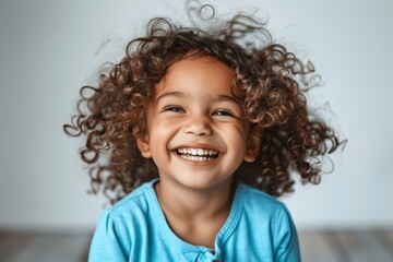 Smiling Mixed Race Child Laughing in Blue Shirt, Isolated on White Background