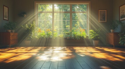 Fototapeta premium Sunlight streams through a window, illuminating a plant-filled room.