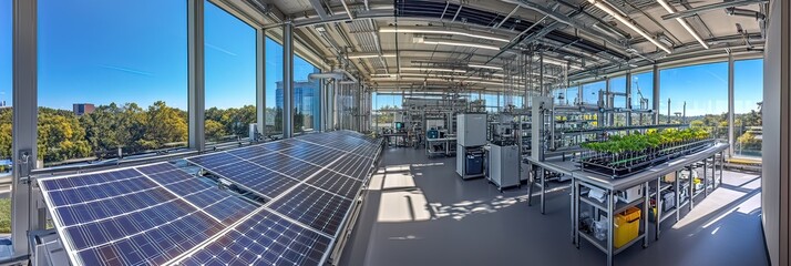 Modern lab with large windows, a solar panel array, and a plant growth lab.