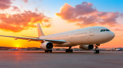 Obraz premium Airplane on the Tarmac at Sunset, Aircraft, Airliner, Aviation, Twilight, Dusk