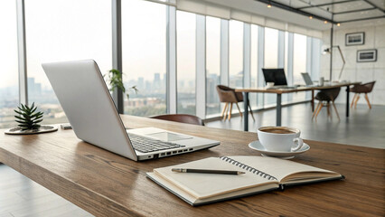 Modern workspace with a laptop, coffee, and notebook on a clean desk