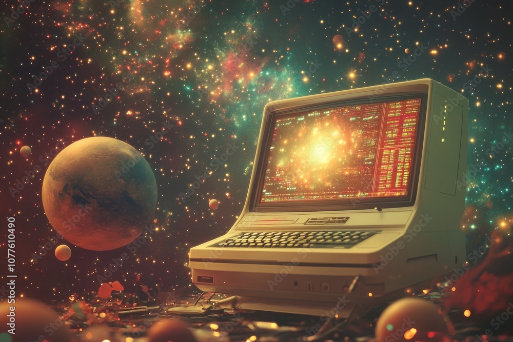Aufkleber a retro computer with a glowing screen sits in a field of swirling nebulae and planets, creating a f