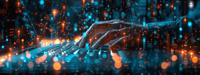 Businessman using laptop in modern office with data center network server background, digital technology and IT support concept