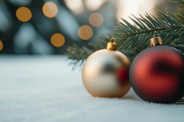 Fototapeta premium Two gold and red Christmas ornaments on a snowy background