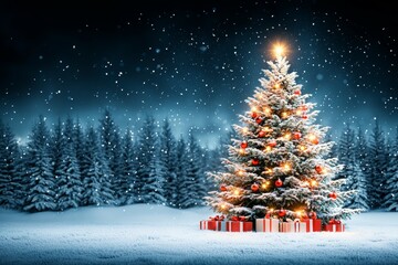 A Christmas tree with red and white ornaments is lit up and surrounded by snow