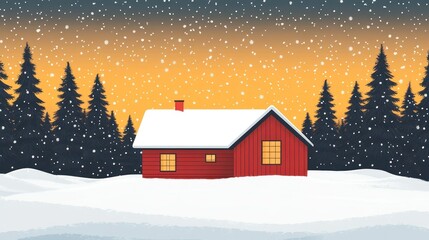 Fototapeta premium A simple outline of a snow-covered cabin in a minimalist winter scene.