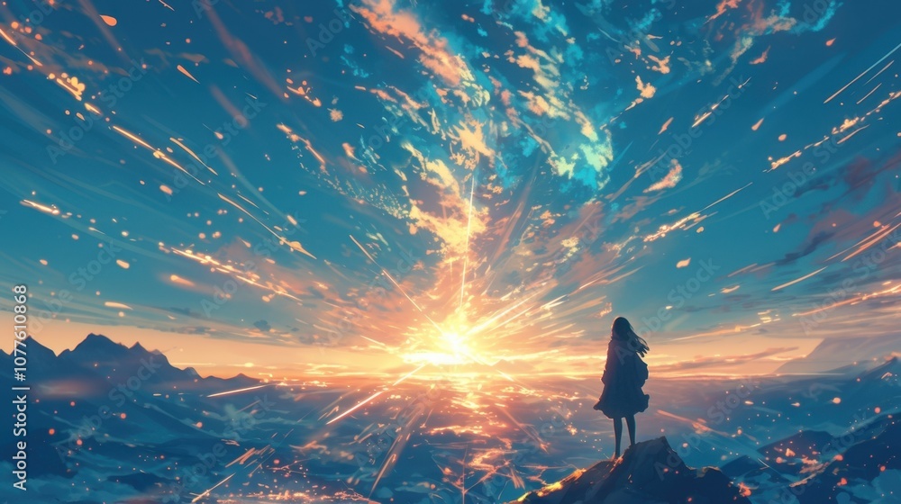 Poster from her vantage point on the mountaintop she watched as the suns rays broke through the clouds crea