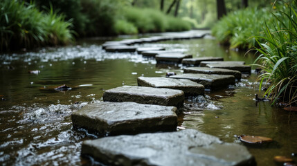 Obraz premium Stepping stones create a serene pathway across a gently flowing stream in a tranquil forest setting during late afternoon light
