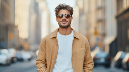 Obraz premium stylish man walks confidently down city street, wearing sunglasses and casual outfit. urban backdrop adds vibrant atmosphere to his relaxed demeanor.