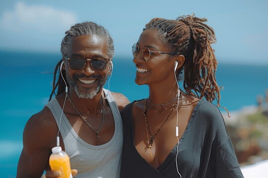 Happy Senior African American Couple Walking by the Sea