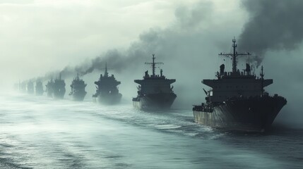 A line of ships sail through the foggy waters of the ocean, leaving plumes of smoke in their wake.
