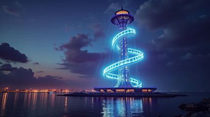 Obraz premium A stunning illuminated spiral tower by the waterfront at dusk, showcasing captivating blue lights against a twilight sky