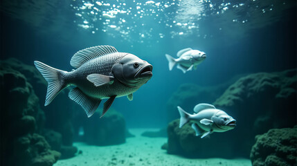 A serene underwater moment with various fish swimming gracefully in a clear blue ocean environment during daylight