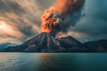 Explosive volcanic eruption with dramatic clouds and ash, captured with serene waters in the foreground, against a fiery, dynamic sky.