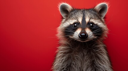 Fototapeta premium Playful raccoon peeking from behind a red wall