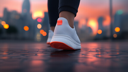 Fototapeta premium White athletic shoes with orange accents, walking on city street at sunset, creating vibrant and energetic atmosphere.