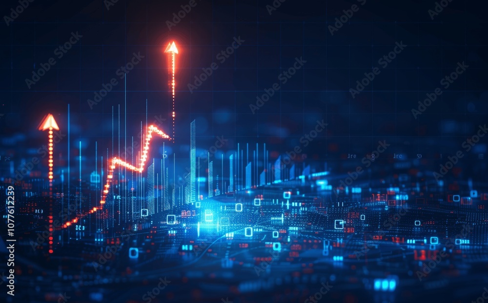 Aufkleber digital transformation growth chart with upward arrow and bar graph in blue technology background