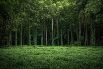 Lush forest landscape with dense greenery and towering trees, creating a serene and tranquil natural setting under soft, filtered sunlight.