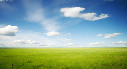Fototapeta premium A vast green meadow under a bright blue sky with scattered white clouds.