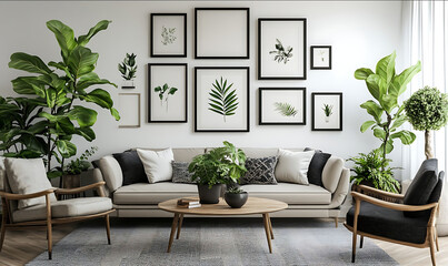 An elegant modern living room with a minimalist design The main feature of the room is a wall decorated with various picture frames in black white and wooden finishe