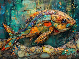 Abstract Mosaic Fish Art: Colorful Underwater Creature in Mixed Media