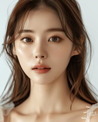 Close-up Portrait of Beautiful Korean Woman with Straight Hair in White Dress and Makeup