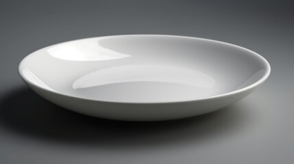 A sleek 3D model of a plain white ceramic plate, placed on a clean white surface with subtle shadows.